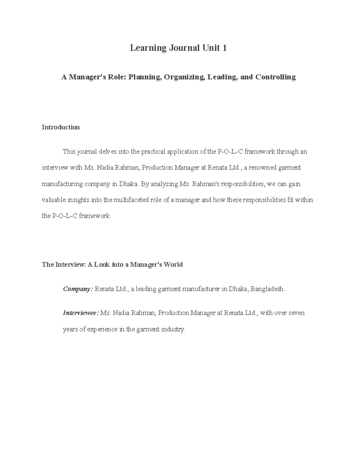 Learning journal 01 (bus 1101) - Learning Journal Unit 1 A Manager's ...