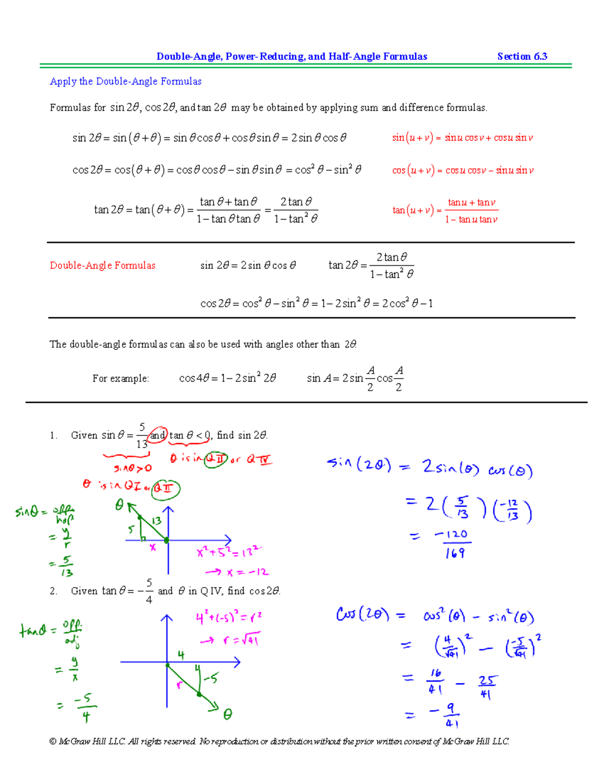 Double Angle Power Reducing And Half Angle Formulas Math Section 6