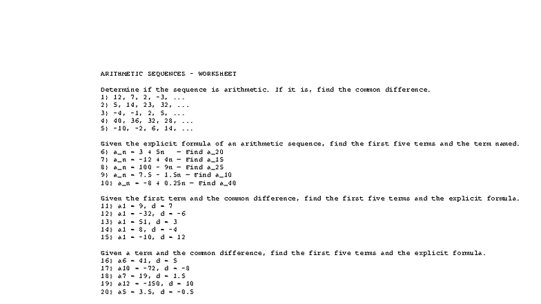 ARITHMETIC SEQUENCES WORKSHEET: Identifying and Analyzing Sequences ...