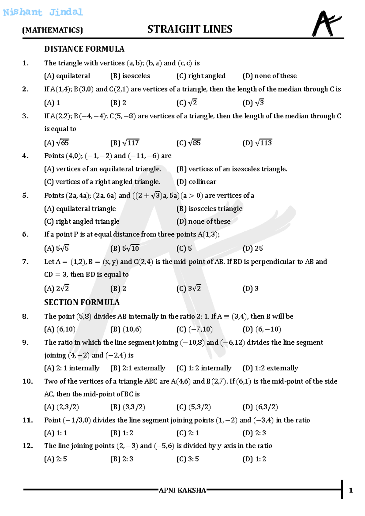 Sheet - 01 Straight Line NJ 247 [Unlocked by www - DISTANCE FORMULA The ...