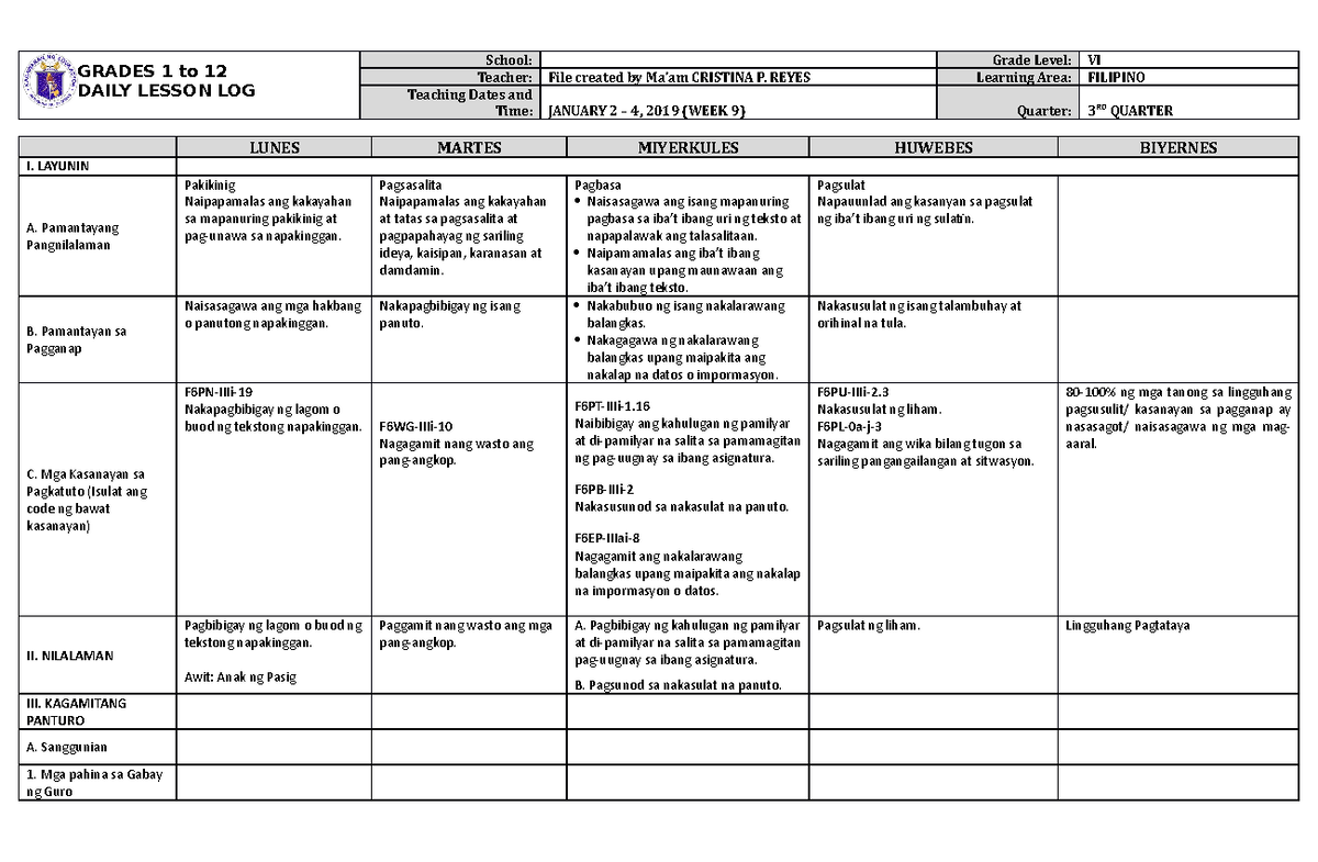 DLL Q3 W9 Filipino 6: Daily Lesson Log for Grade 6 - Studocu