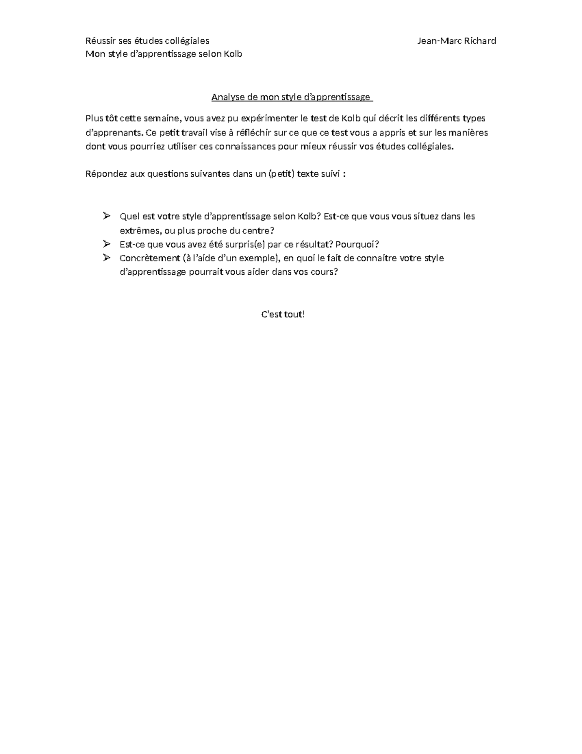 Analyse de mon style d'apprentissage selon Kolb - Études collégiales ...