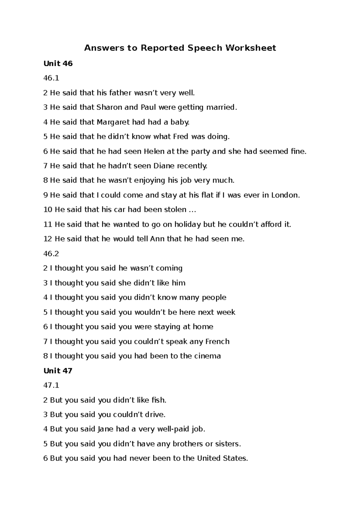 Reported Speech Worksheet Answers - Unit 46 & 47 - Studeersnel