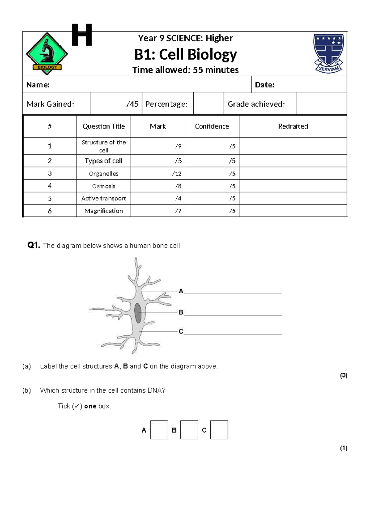 B1 Higher - Year 9 SCIENCE: Cell Biology End of Topic Test - Studocu