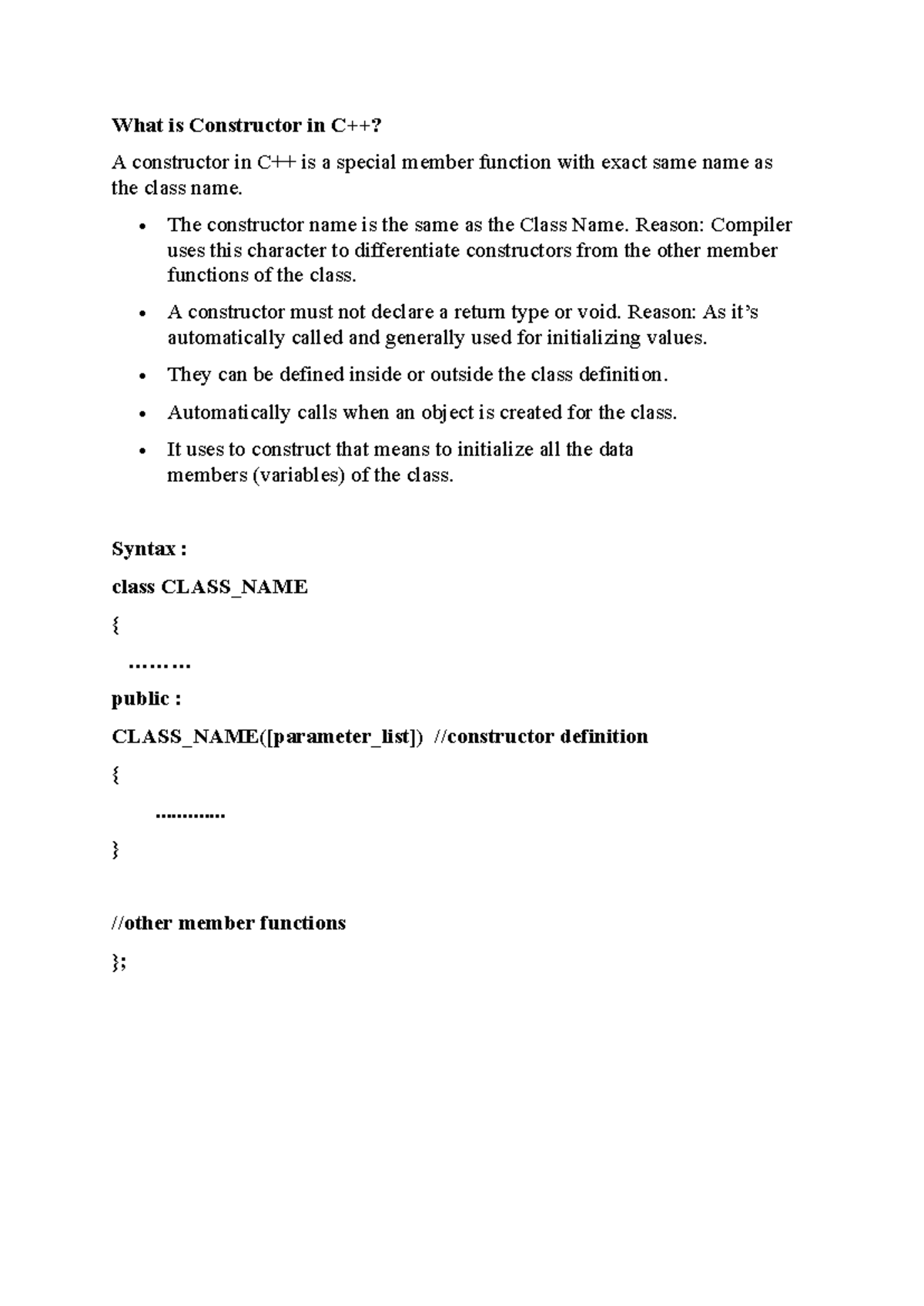 Constructors Definitions in C++: Types and Characteristics - Studocu
