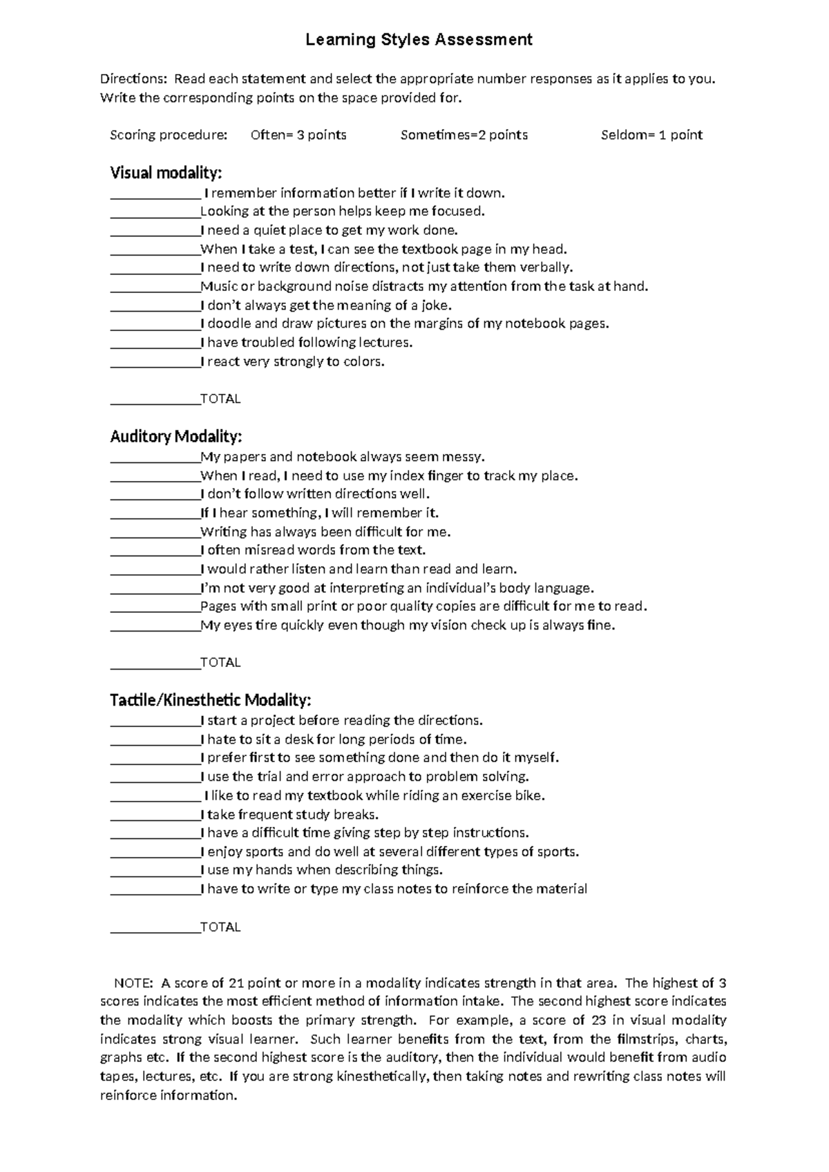 Learning Styles Assessment Directions and Scoring Guide - Studocu