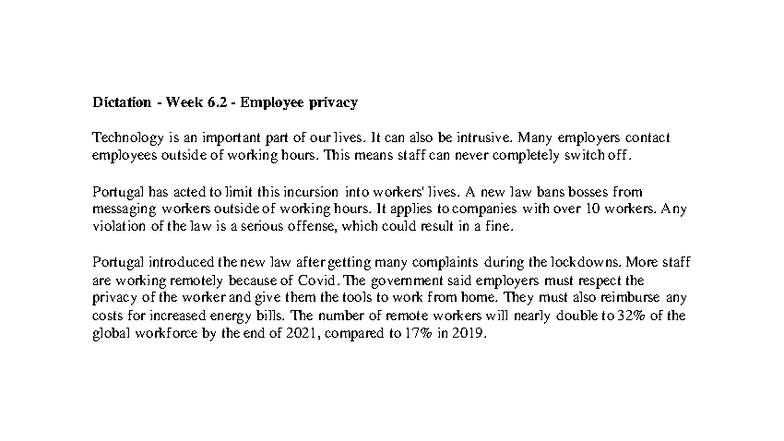 Dictation 6.2 - Employee Privacy and Remote Work Regulations - Studocu