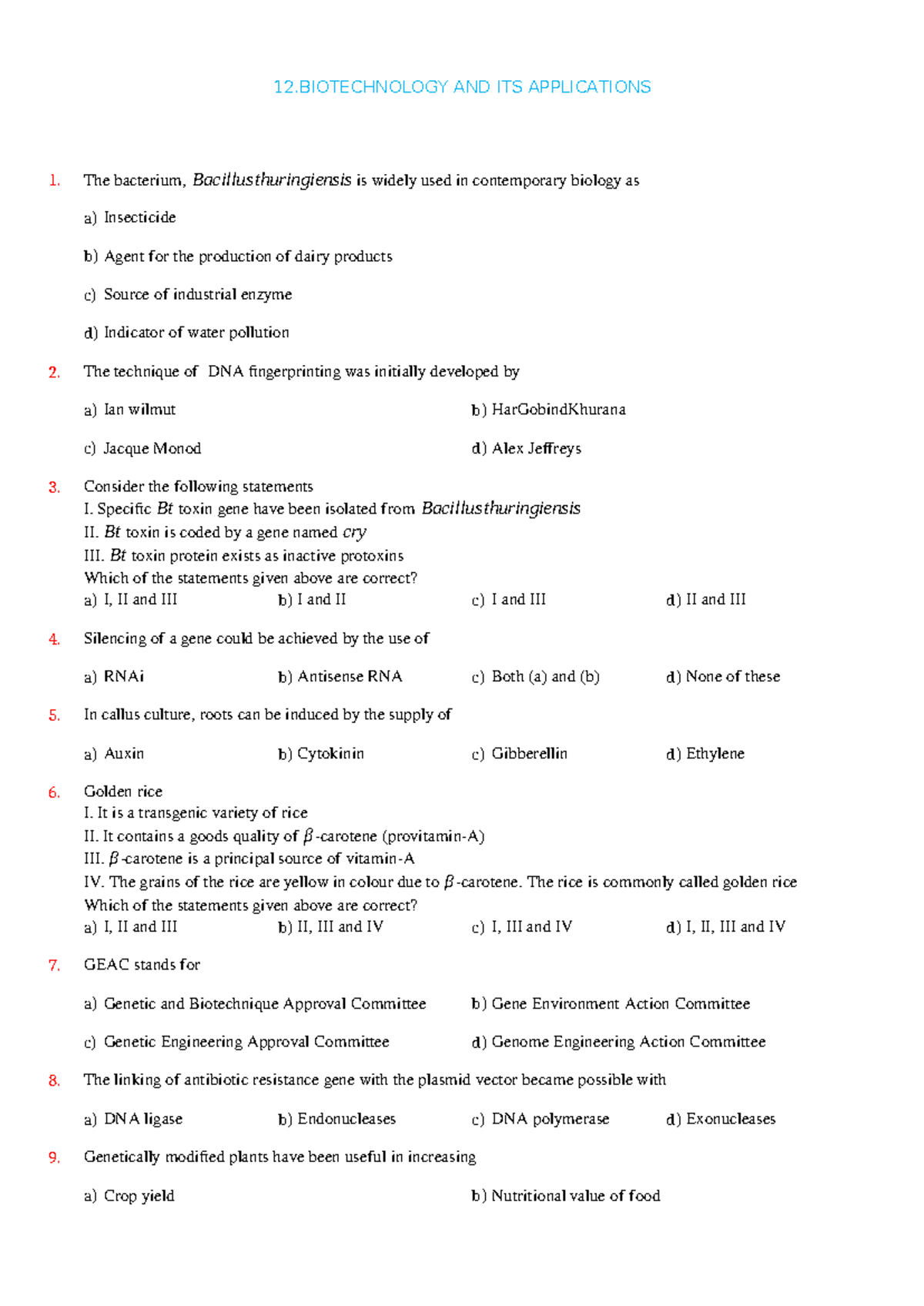 12 Biotechnology AND ITS Applications- Questions - 12 AND ITS ...