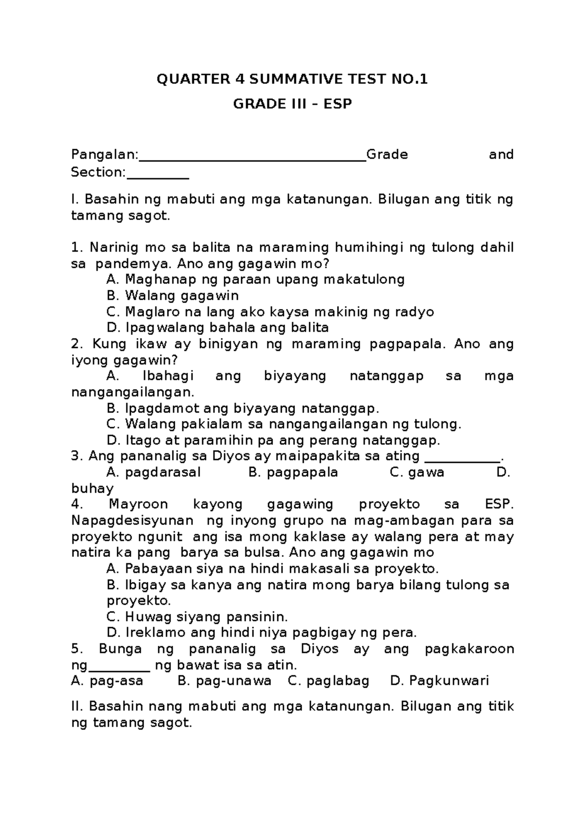 Quarter 4 Summative Test No. 1 & 2 for ESP 3 - Studocu