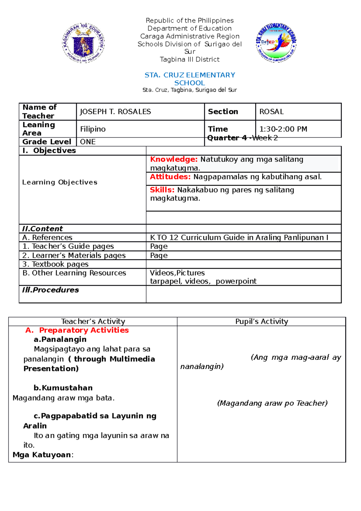 Detailed Lesson Plan in Filipino for Quarter 3, Week 2 - Studocu