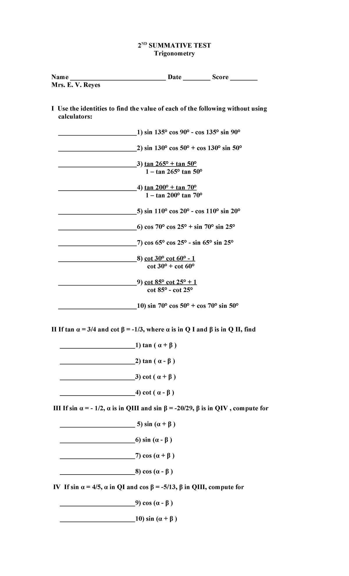 2ND SUMMATIVE TEST MATH IV for Late Takers - Studocu