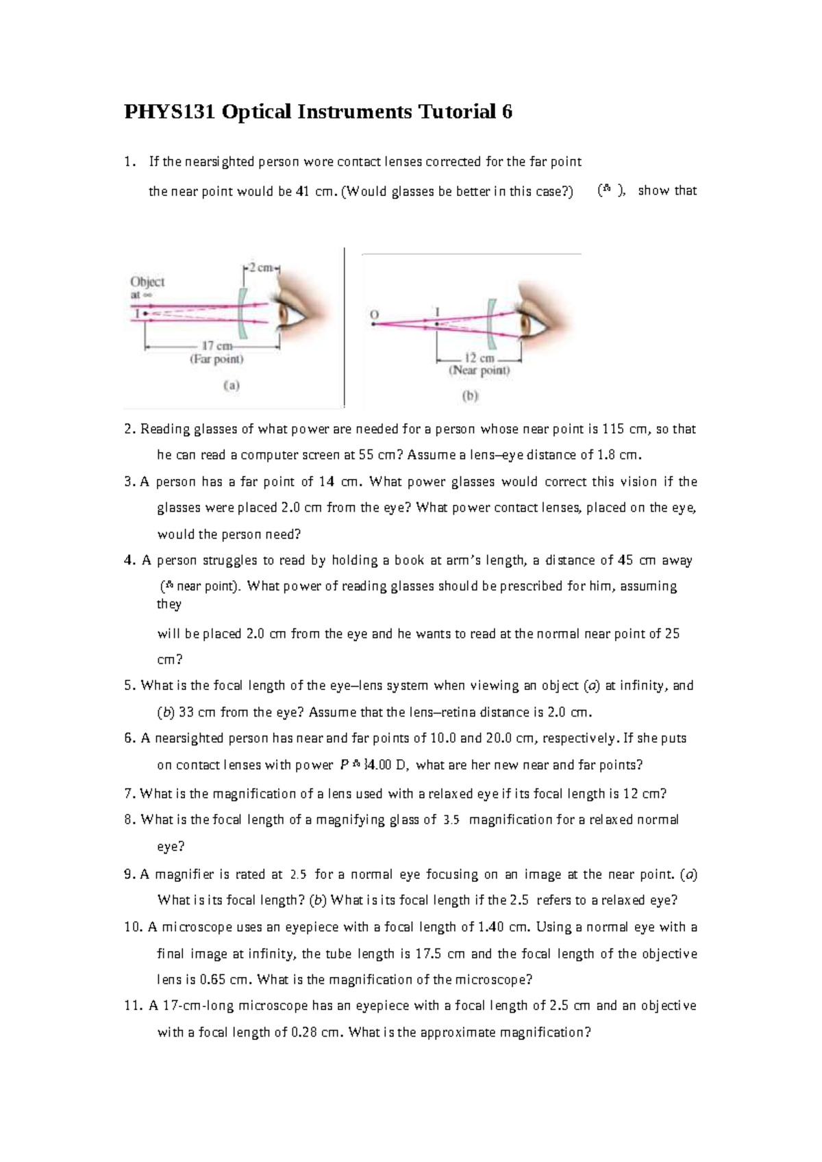 PHYS131 Optical Instruments Tutorial 6: Vision Correction Problems ...