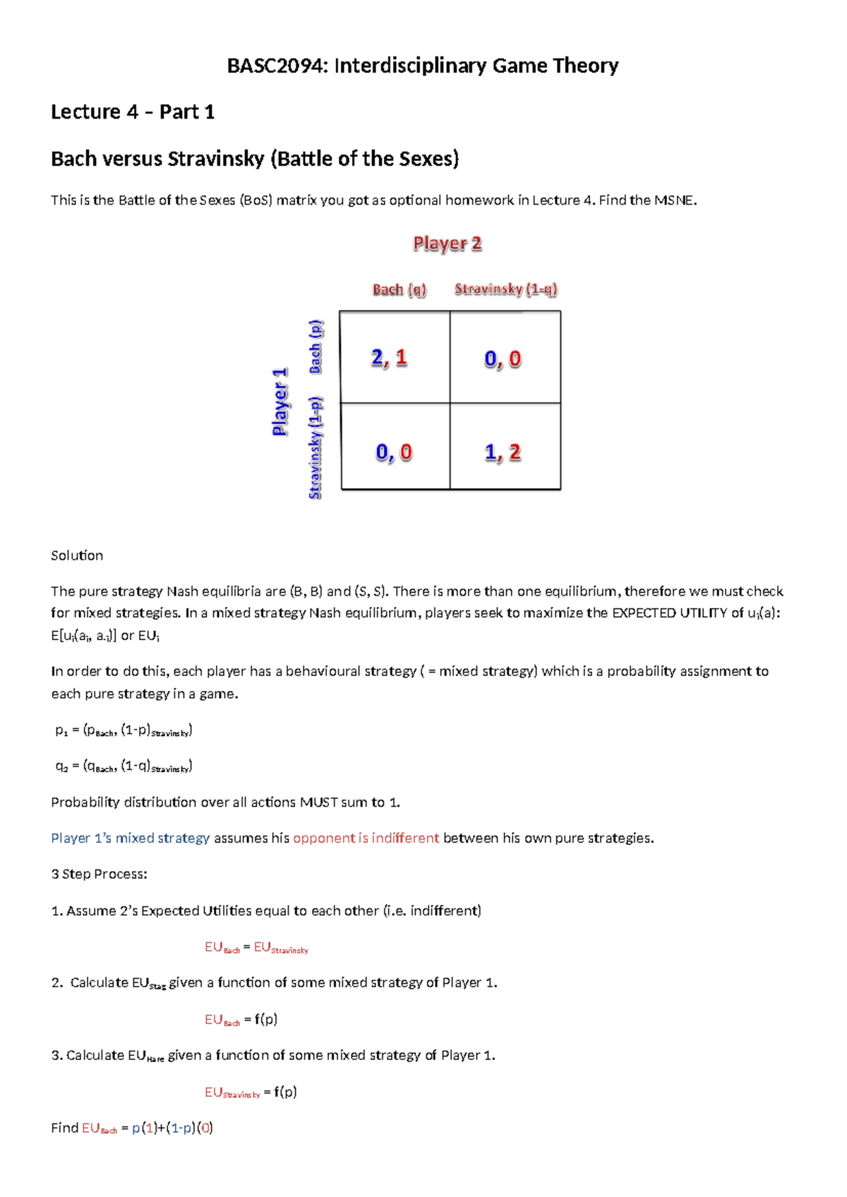 BASC2094: Lecture 4 - MSNE Analysis of Game Theory (Bach vs Stravinsky ...