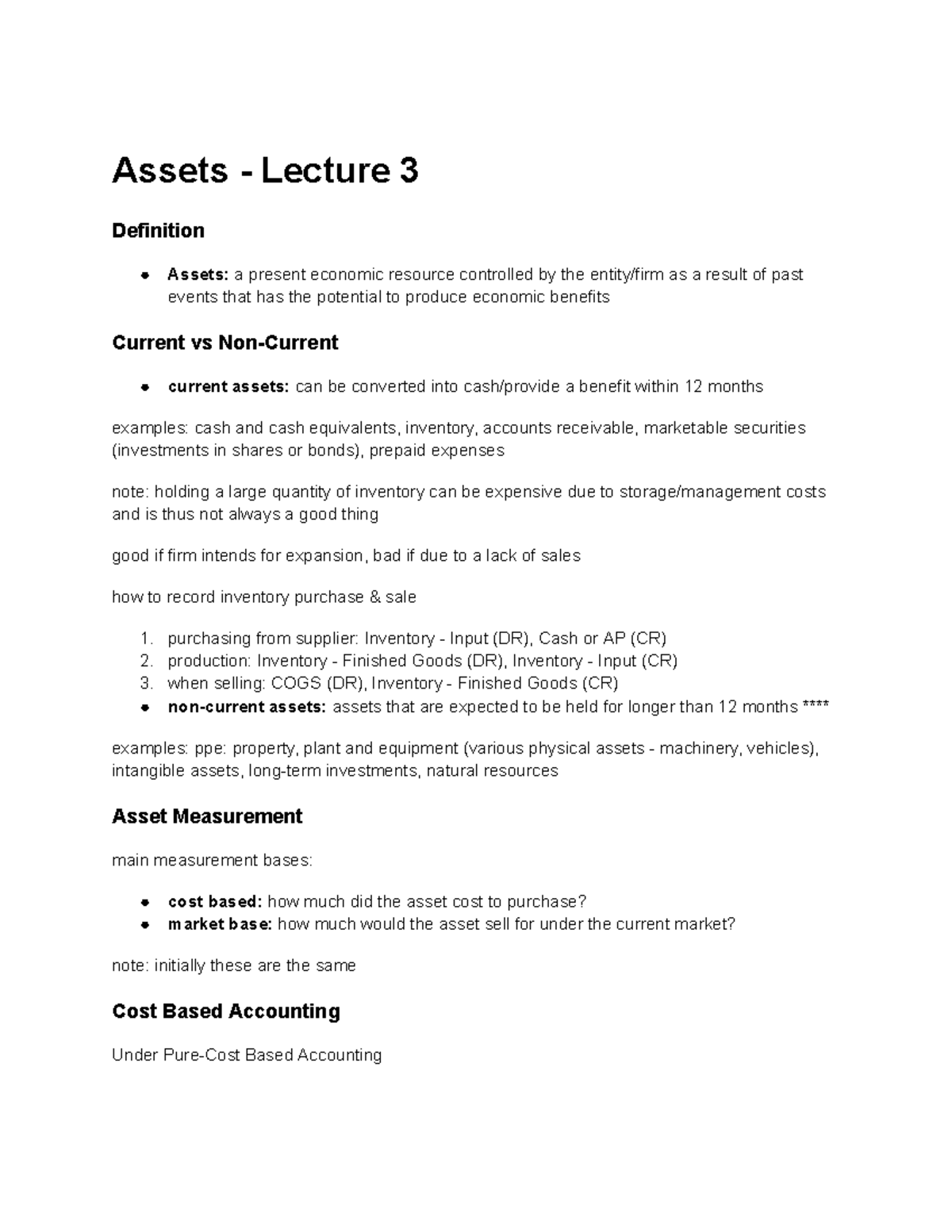 ARA 101 Lecture 3: Understanding Assets and Their Measurement - Studocu