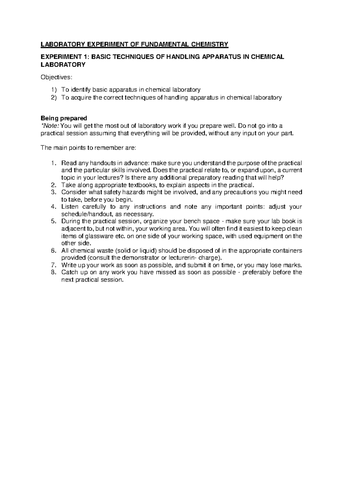 LAB 1: Fundamental Chemistry Apparatus Notes SEM1 - Studocu