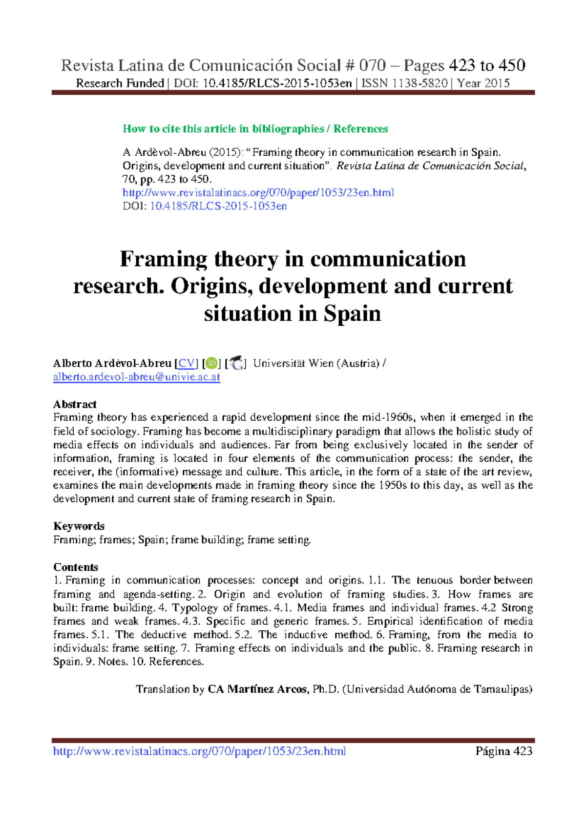 Framing Theory in Communication Research: A State of the Art Review ...