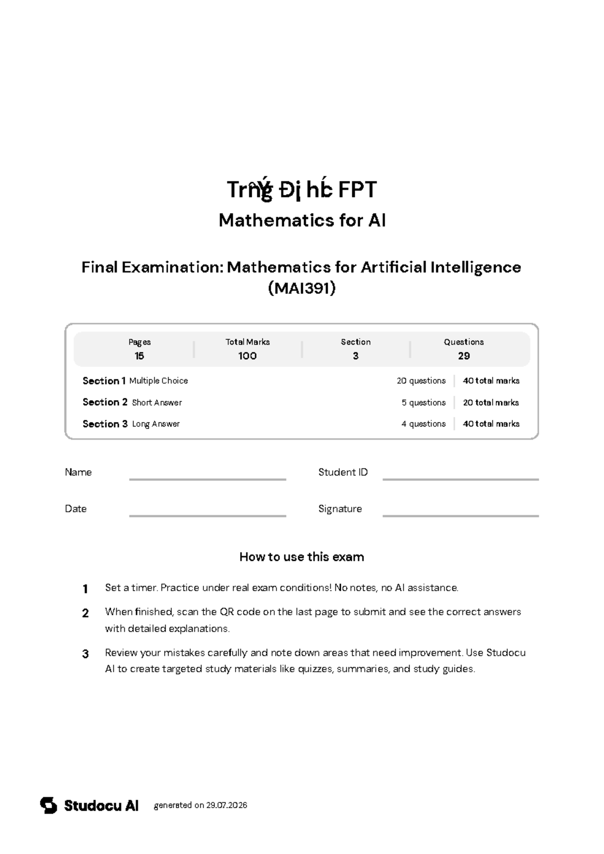 Final Exam: Mathematics for AI (MAI391) - Studocu