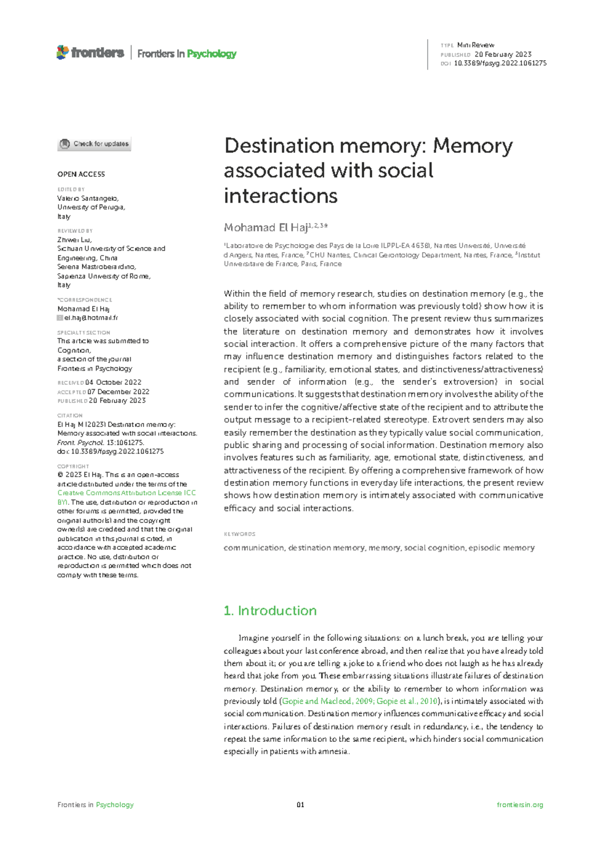 Destination Memory: Social Interactions and Cognitive Processes in ...