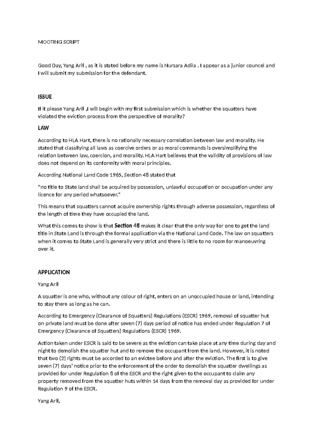 Mooting Script: Defendant's Submission on Squatter Eviction Issues ...