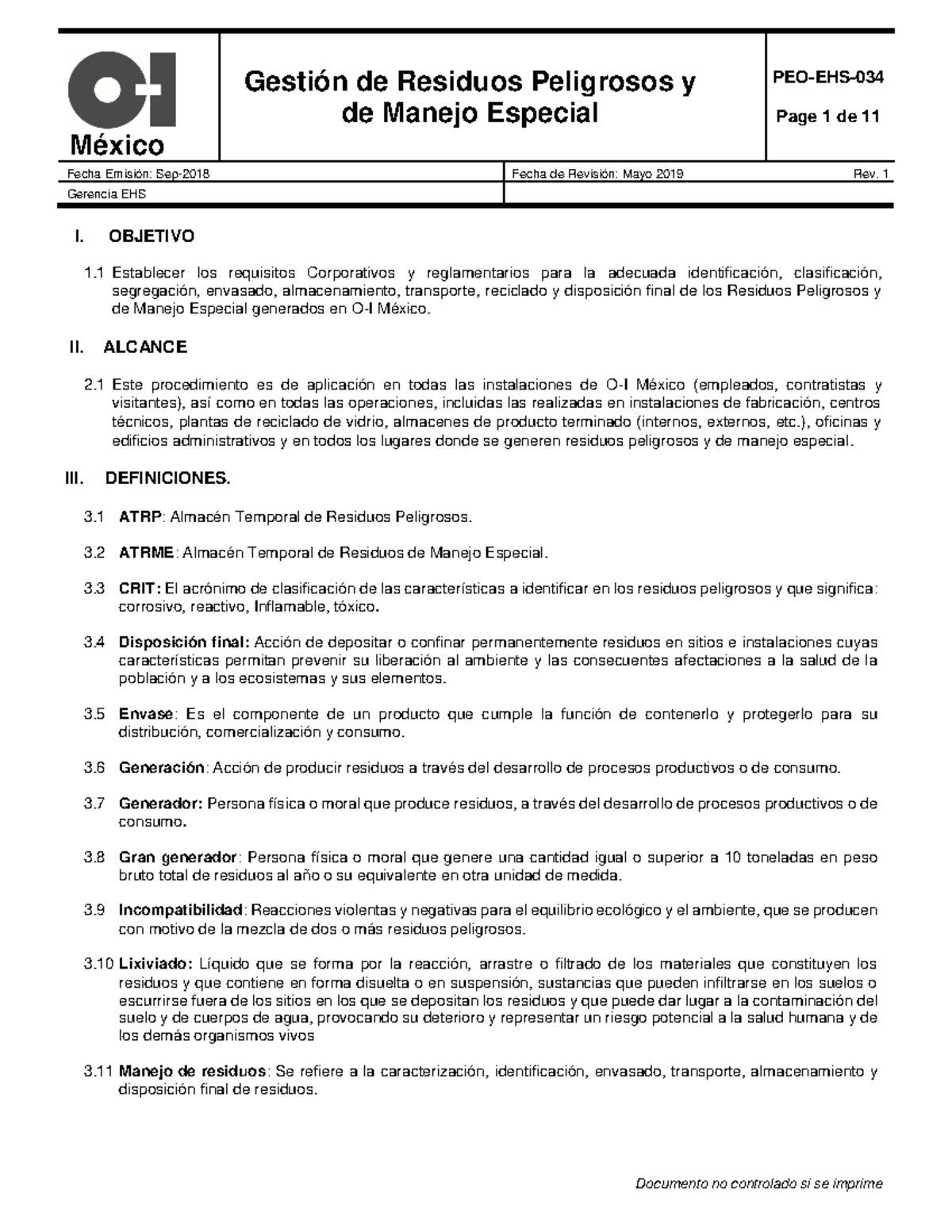 PEO-EHS-034 Guía sobre Gestión de Residuos Peligrosos y Especial - Document Preview