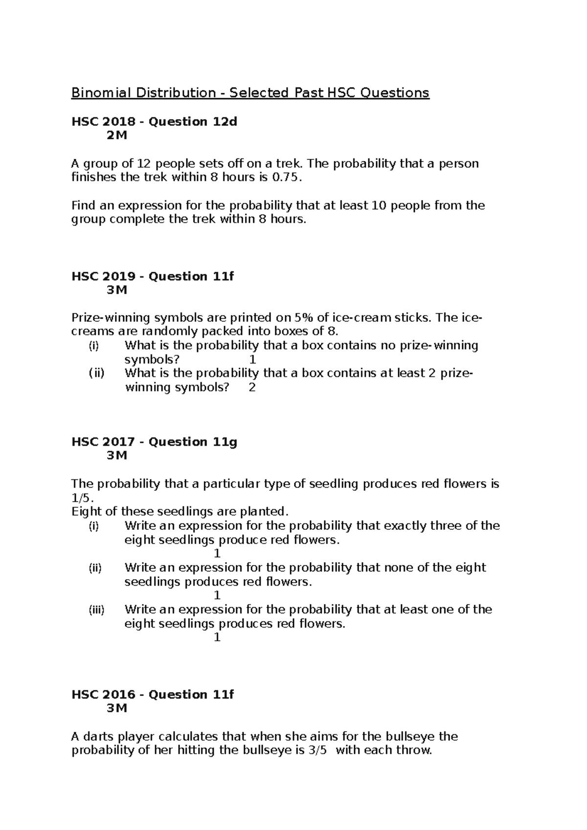 HSC Binomial Distribution - Selected Past Questions & Answers - Studocu