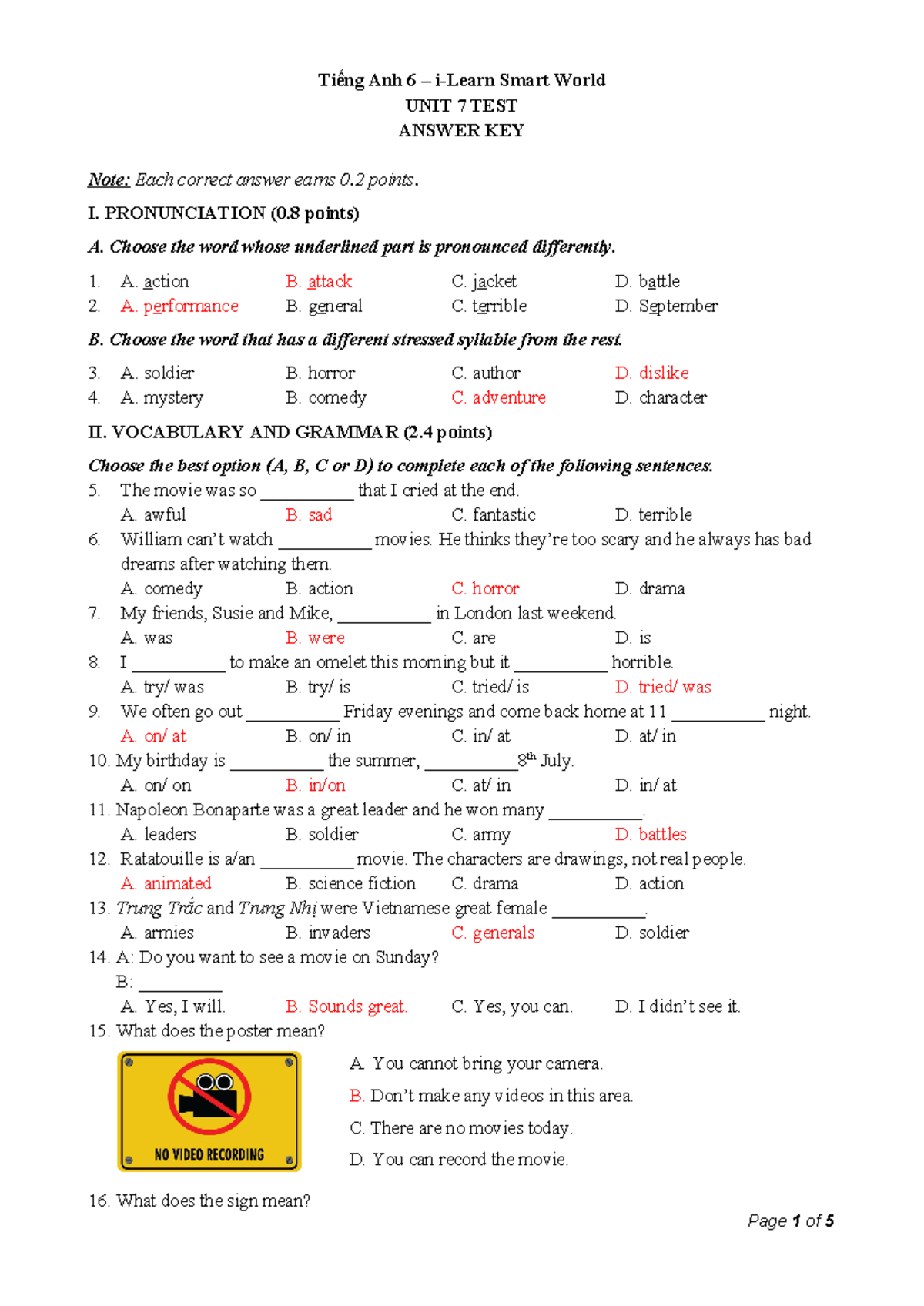 Tiếng Anh 6 Smart World - Unit 7 Test - Answer Key - Tiếng Anh 6 – i ...