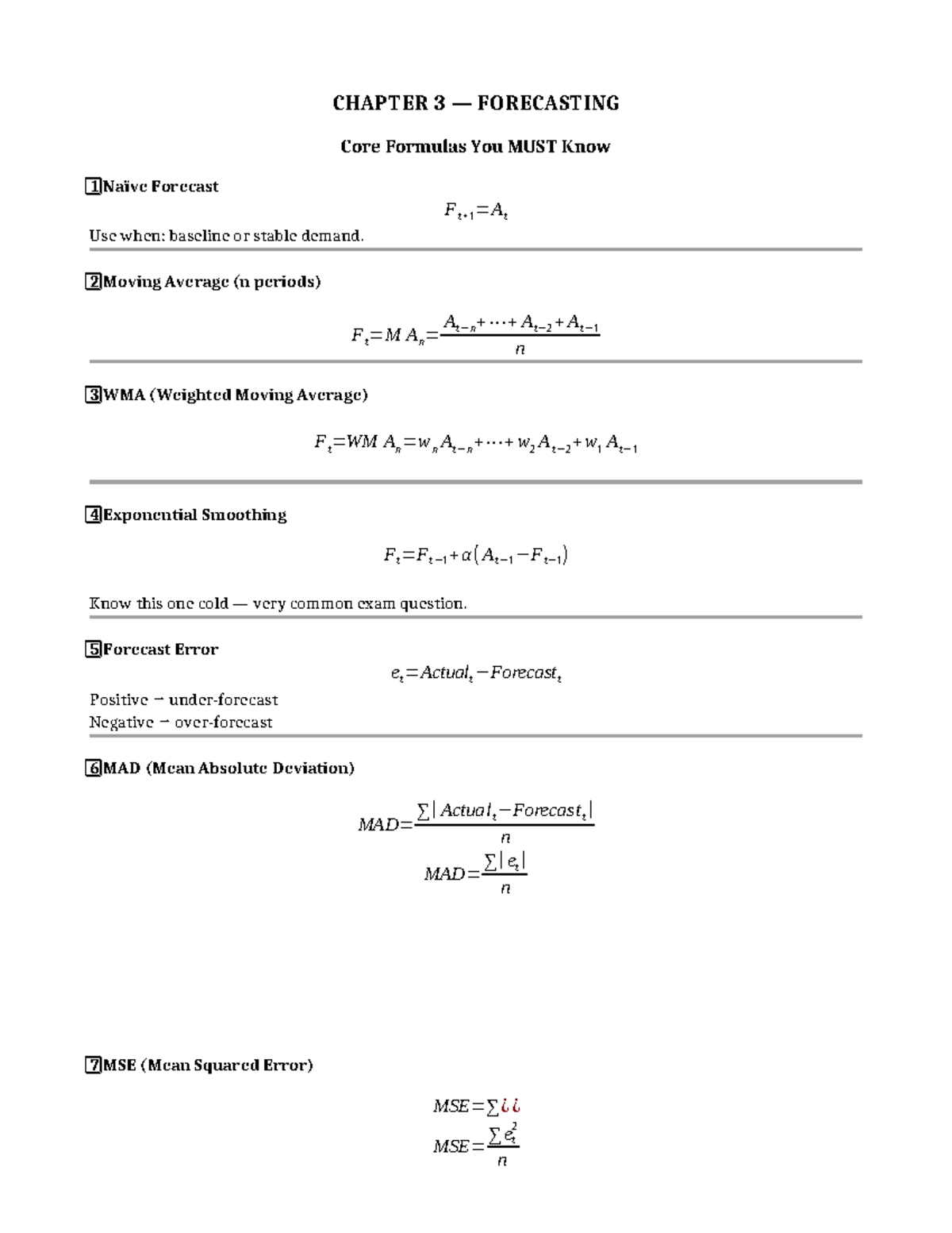 CHAPTER 3 & 6 FORMULAS: Key Forecasting & Process Selection Concepts ...