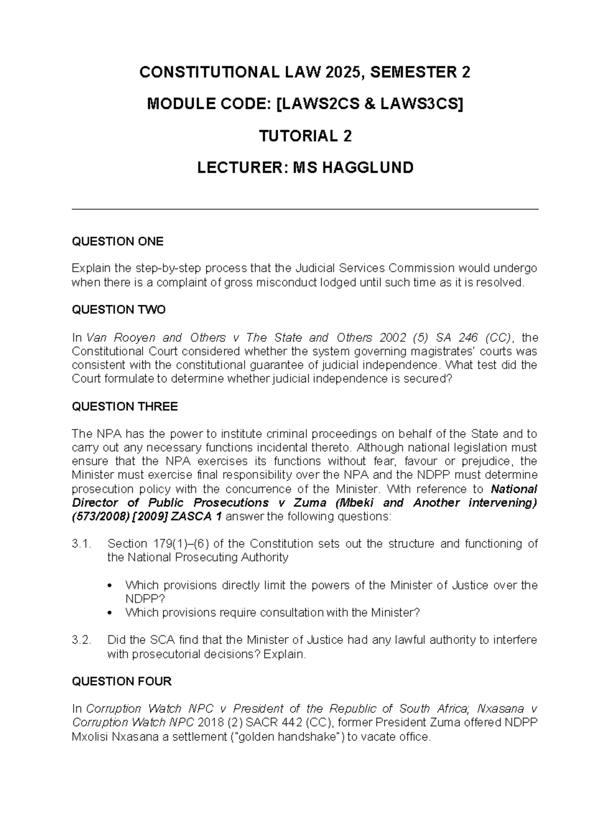 Judicial Independence & NPA: Tutorial 2 - Constitutional Law 2025 - Studocu