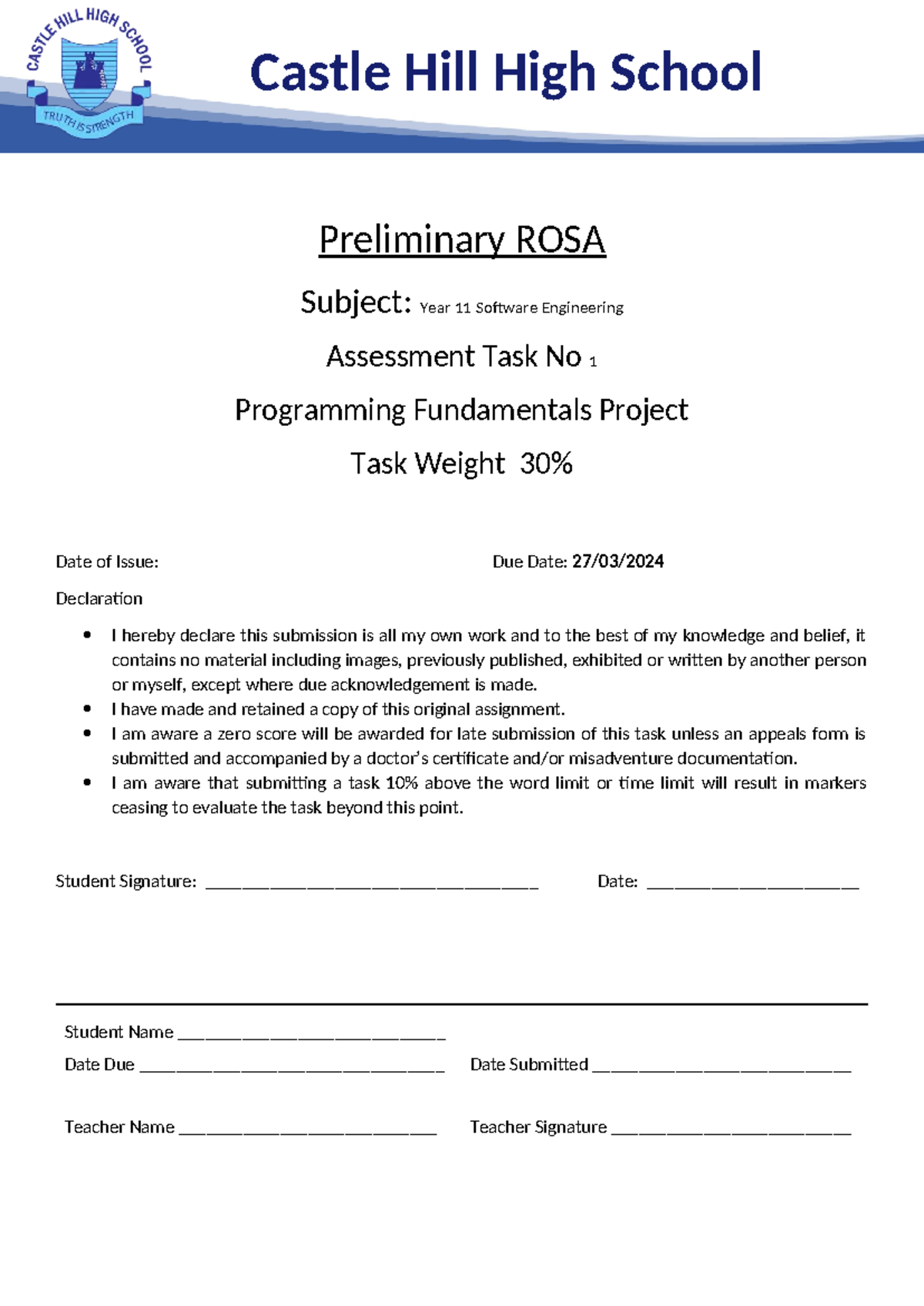 SE 11 Programming Fundamentals Assessment Task 1 Notification 2024 ...
