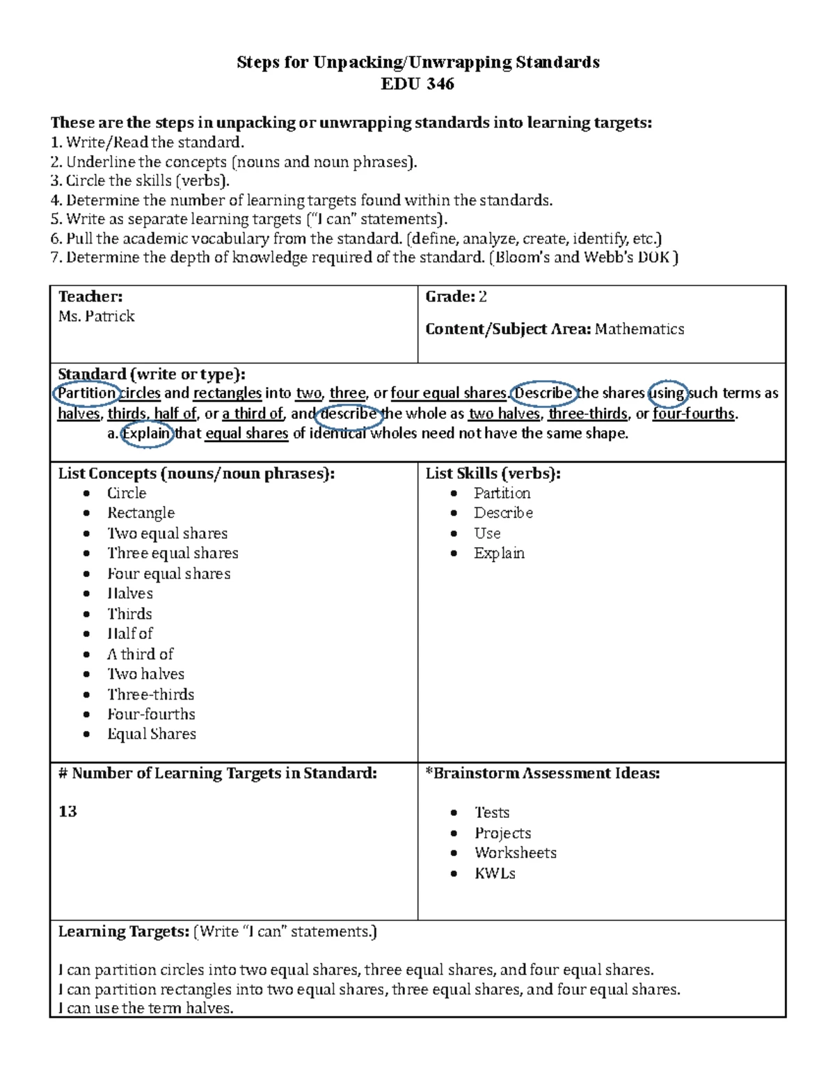 EDU 346 Social Studies: Unpacking Standards for Learning Targets - Studocu
