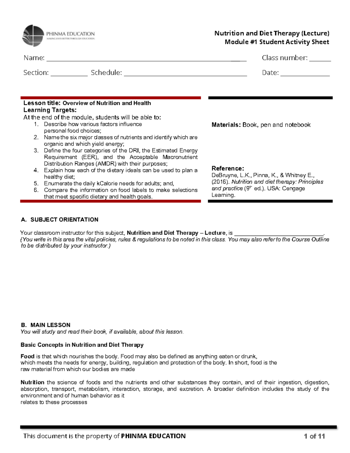 Nutrition and Diet Therapy (Lecture) Module Activity Sheet - Studocu