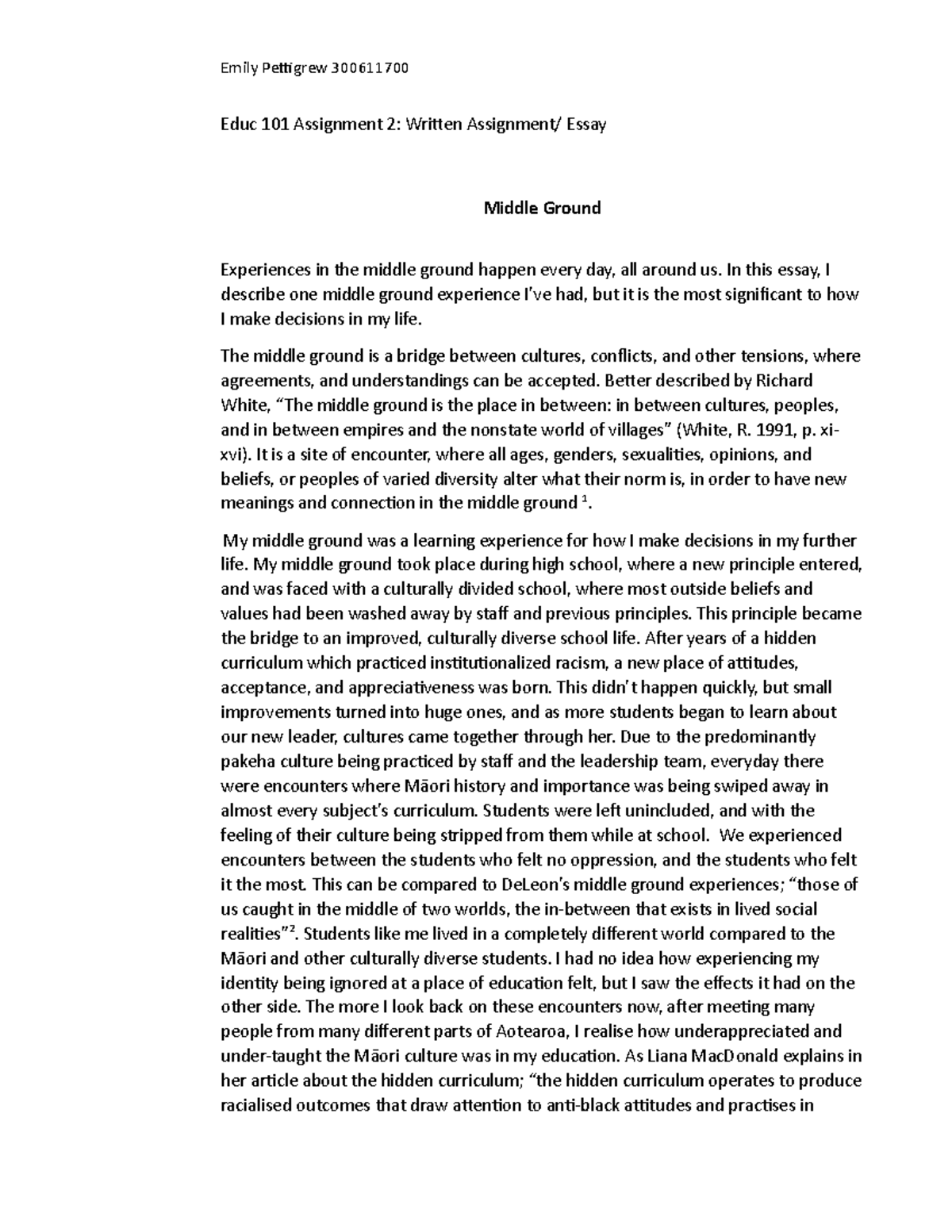 Educ 101: Exploring Middle Ground in Cultural Experiences Essay - Studocu