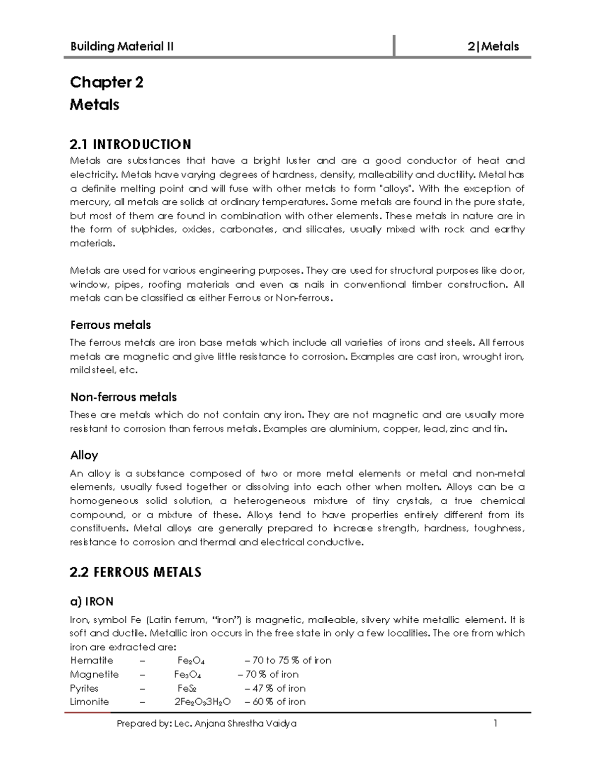 Building Material II Chapter 2: Comprehensive Overview of Metals - Studocu