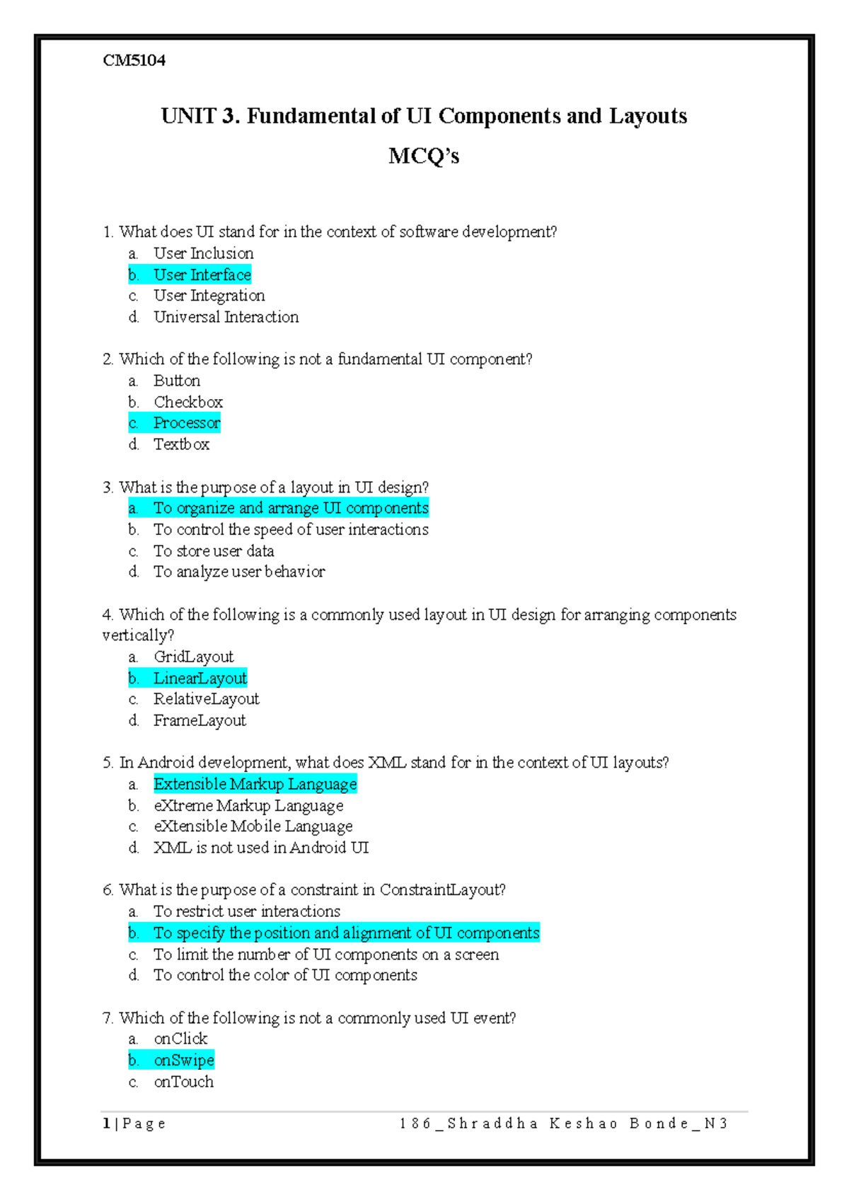 AAP U3 MCQ's 186 N3 - Android programming - UNIT 3. Fundamental of UI ...