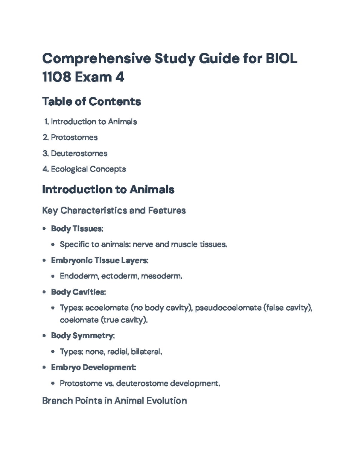 Comprehensive Study Guide for BIOL 1108 Exam 4: Animal Diversity ...