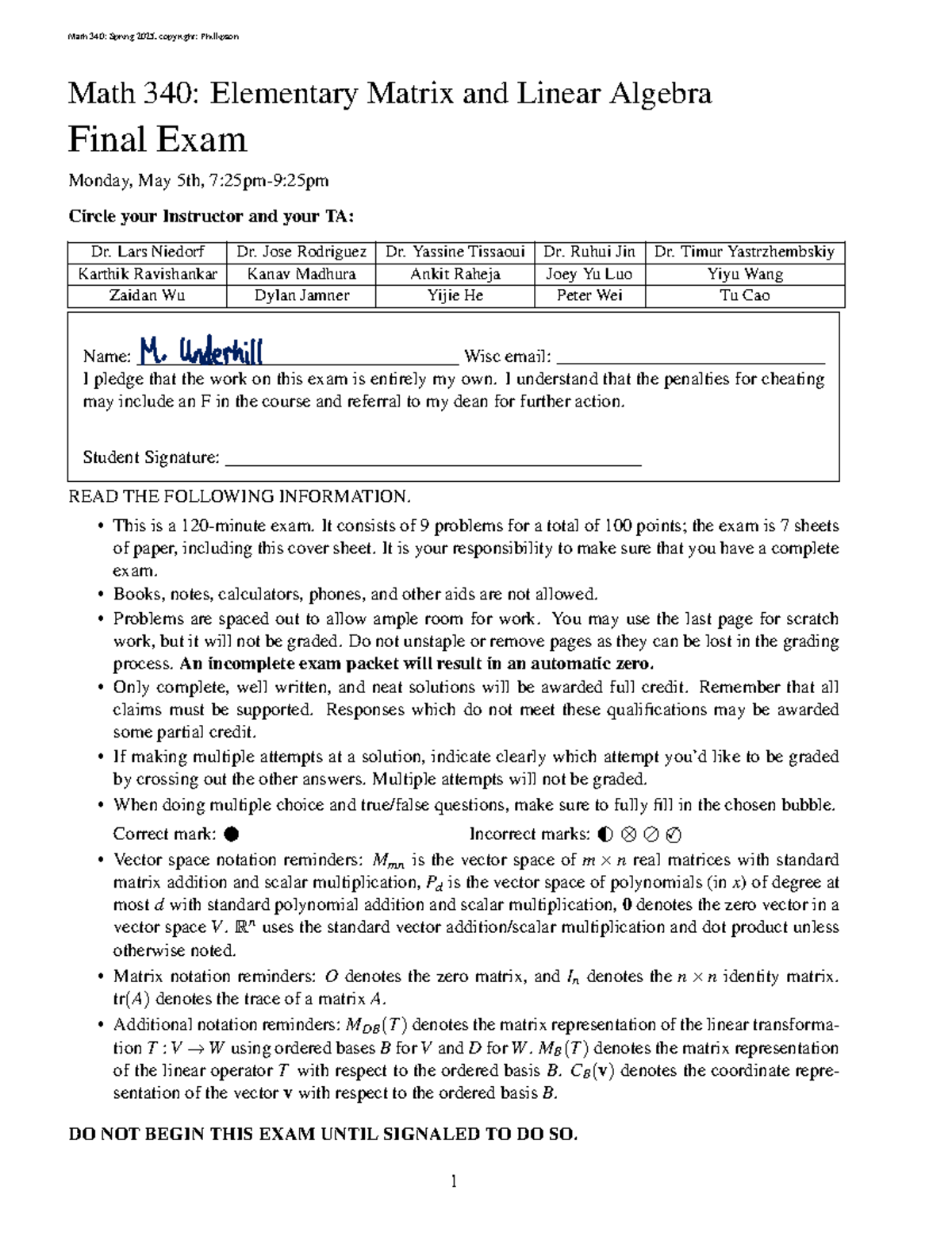 Math 340: Spring 2025 Final Exam Solutions and Guidelines - Studocu