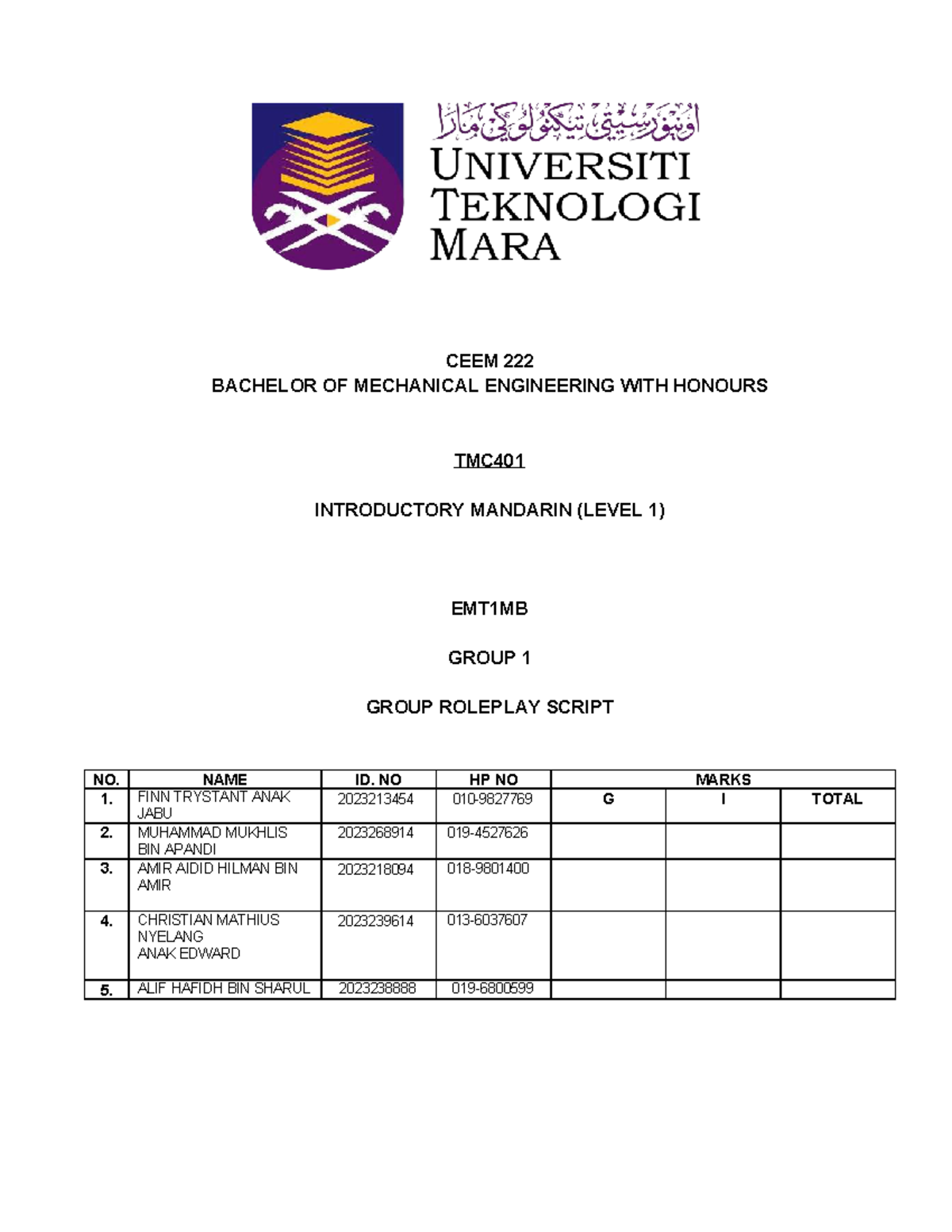 Mandarin Roleplay Script - CEEM 222 BACHELOR OF MECHANICAL ENGINEERING ...