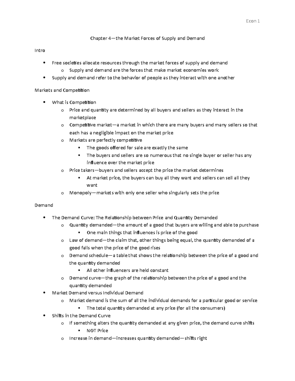 Econ 1 Chapter 4 Notes - Supply and Demand Principles Summary - Studocu