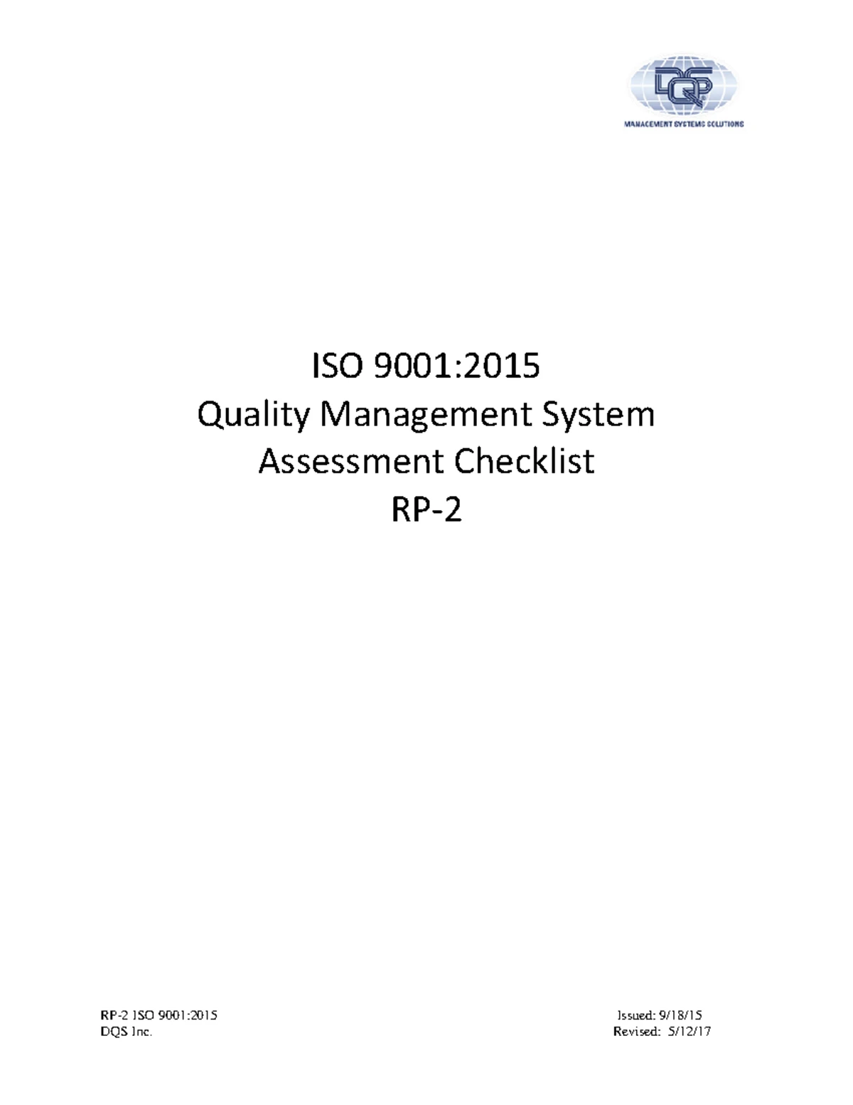 ISO 9001:2015 Quality Management System Audit Checklist - Gap Analysis ...
