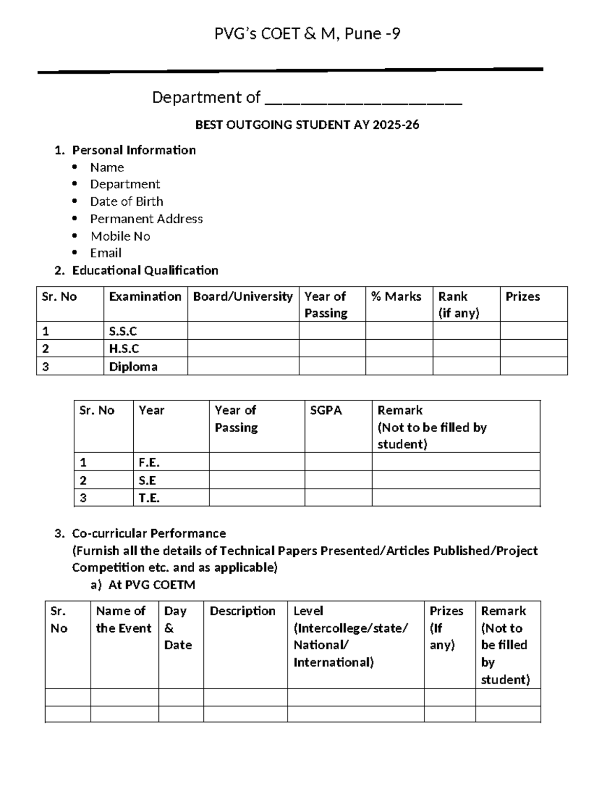 COET M Best Outgoing Student Form AY 2025-26 - Studocu