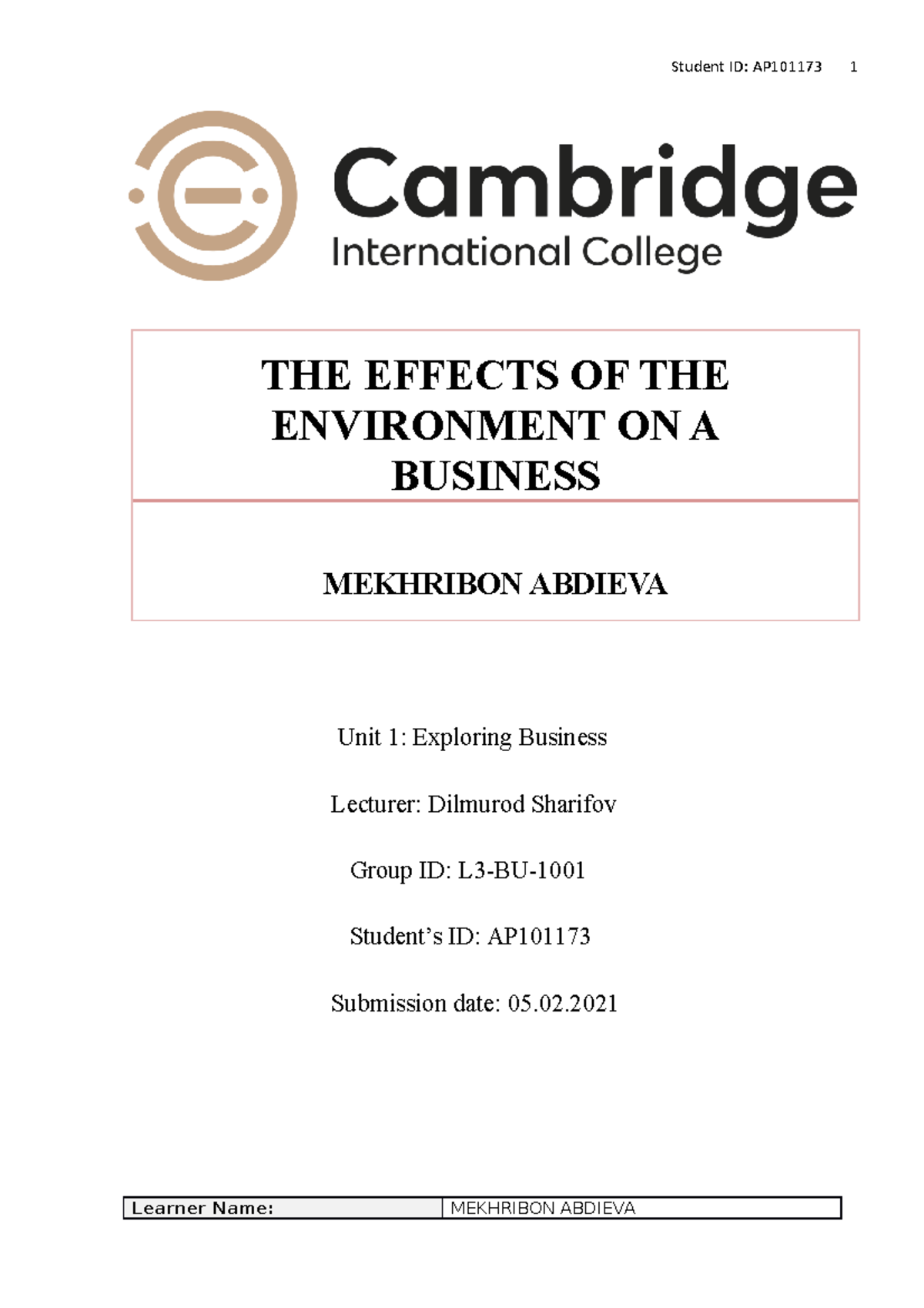 THE Effects OF THE Environment ON A Busines 1 - Unit 1: Exploring ...