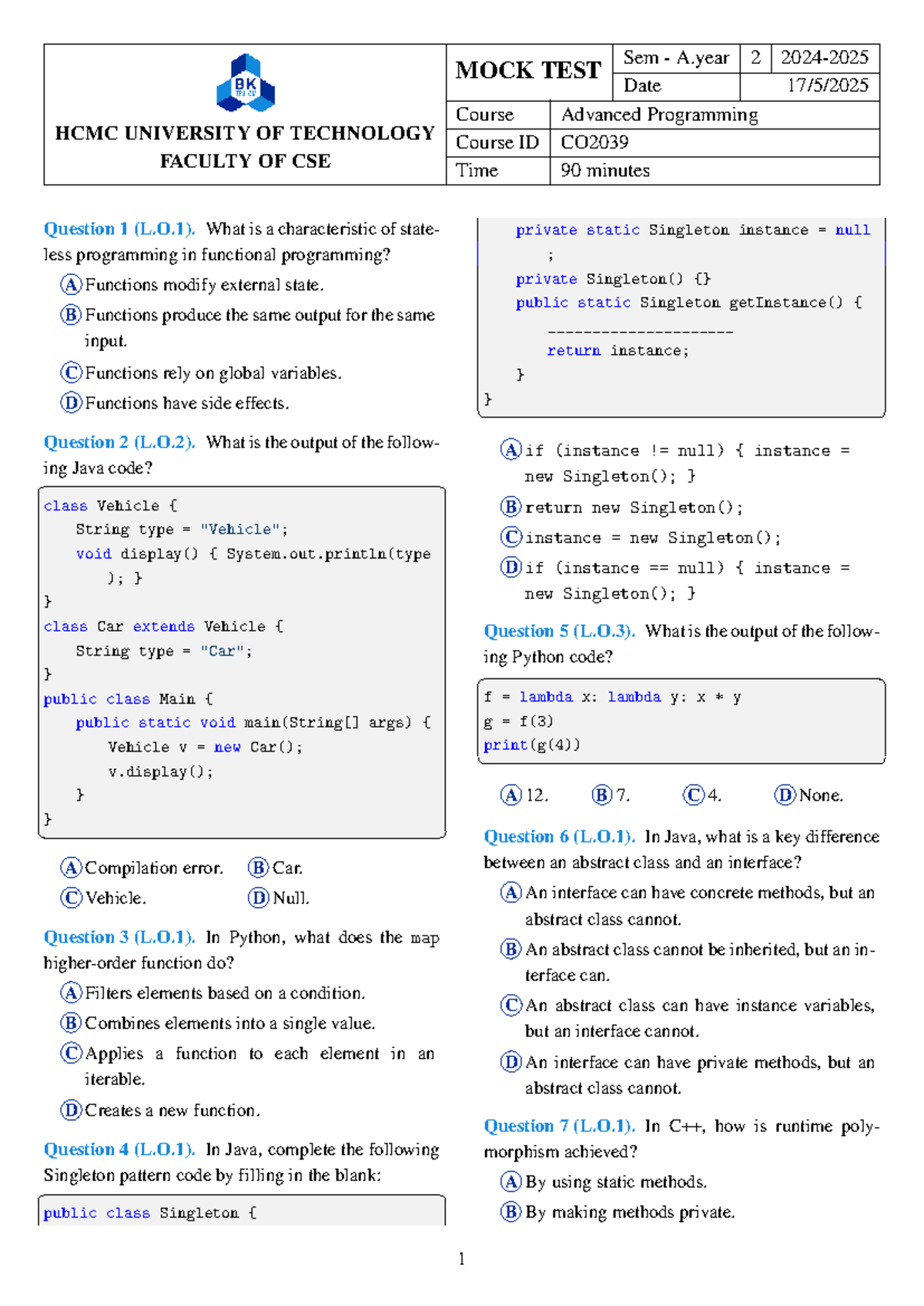 AP242 Advanced Programming Year 2 Mock Test - HCMC University - Studocu
