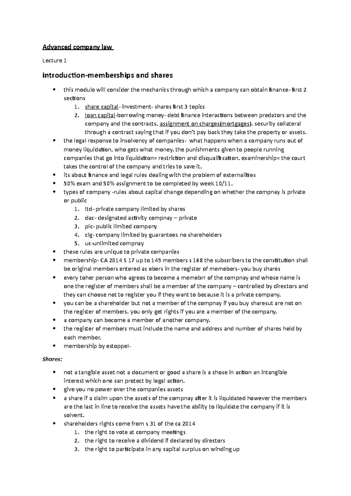 Advanced Company Law Lecture Notes (ACLAW 101) - Key Concepts Summary ...