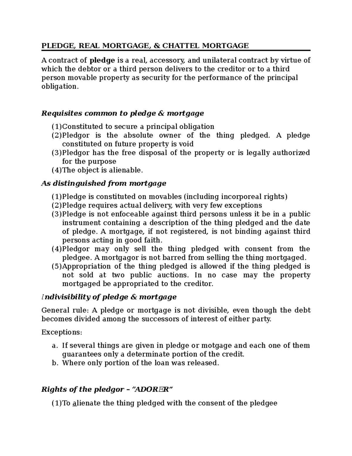 PLEDGE & MORTGAGE: Quick Notes on Credit Transactions - Studocu