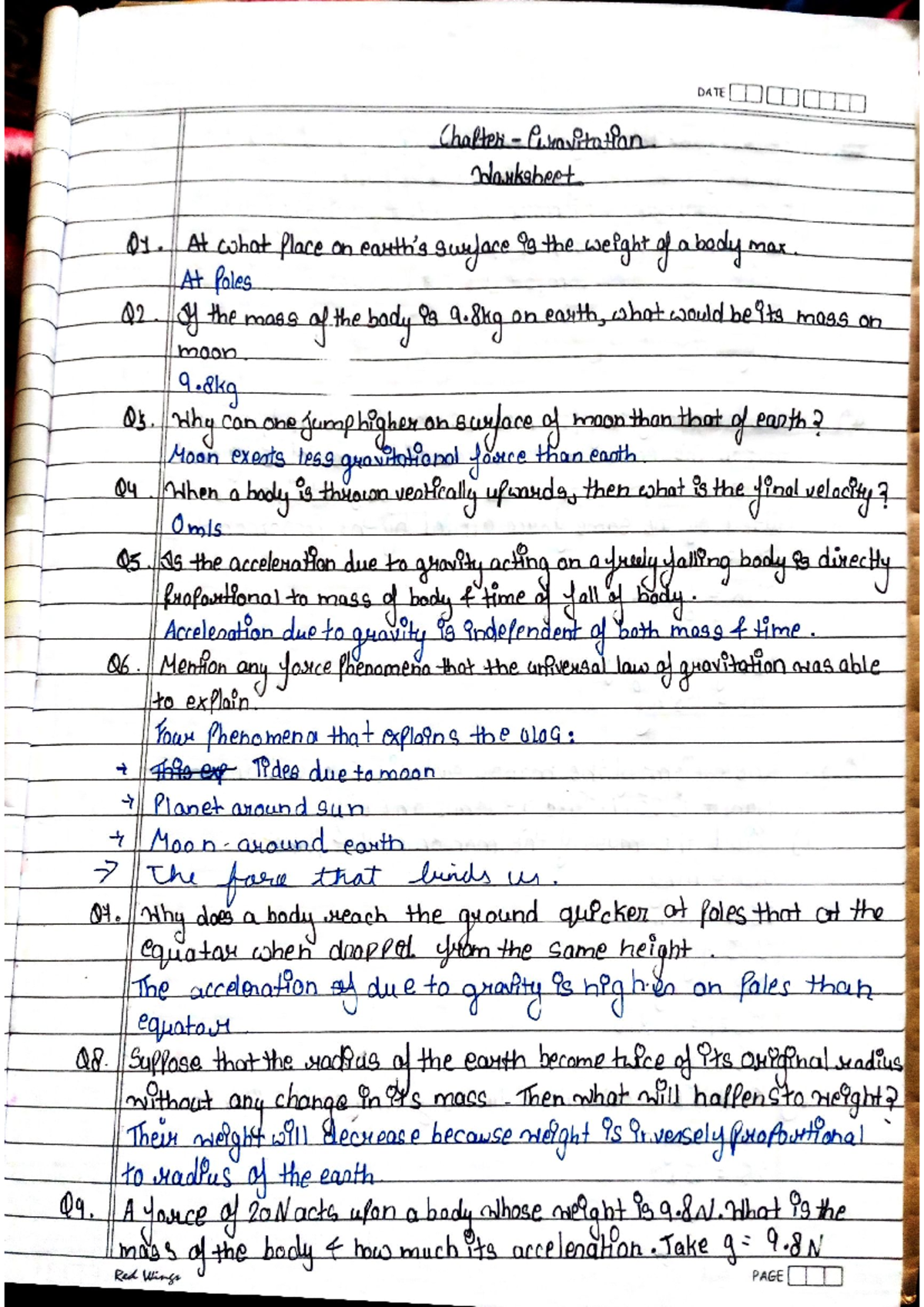 DATE WS Gravitation Chapter Questions and Answers - Studocu