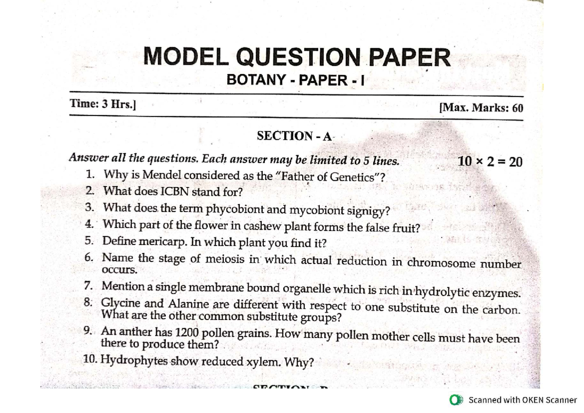 MODEL QUESTION PAPER: BOTANY PAPER I - PREP QUESTIONS (60 MARKS) - Studocu