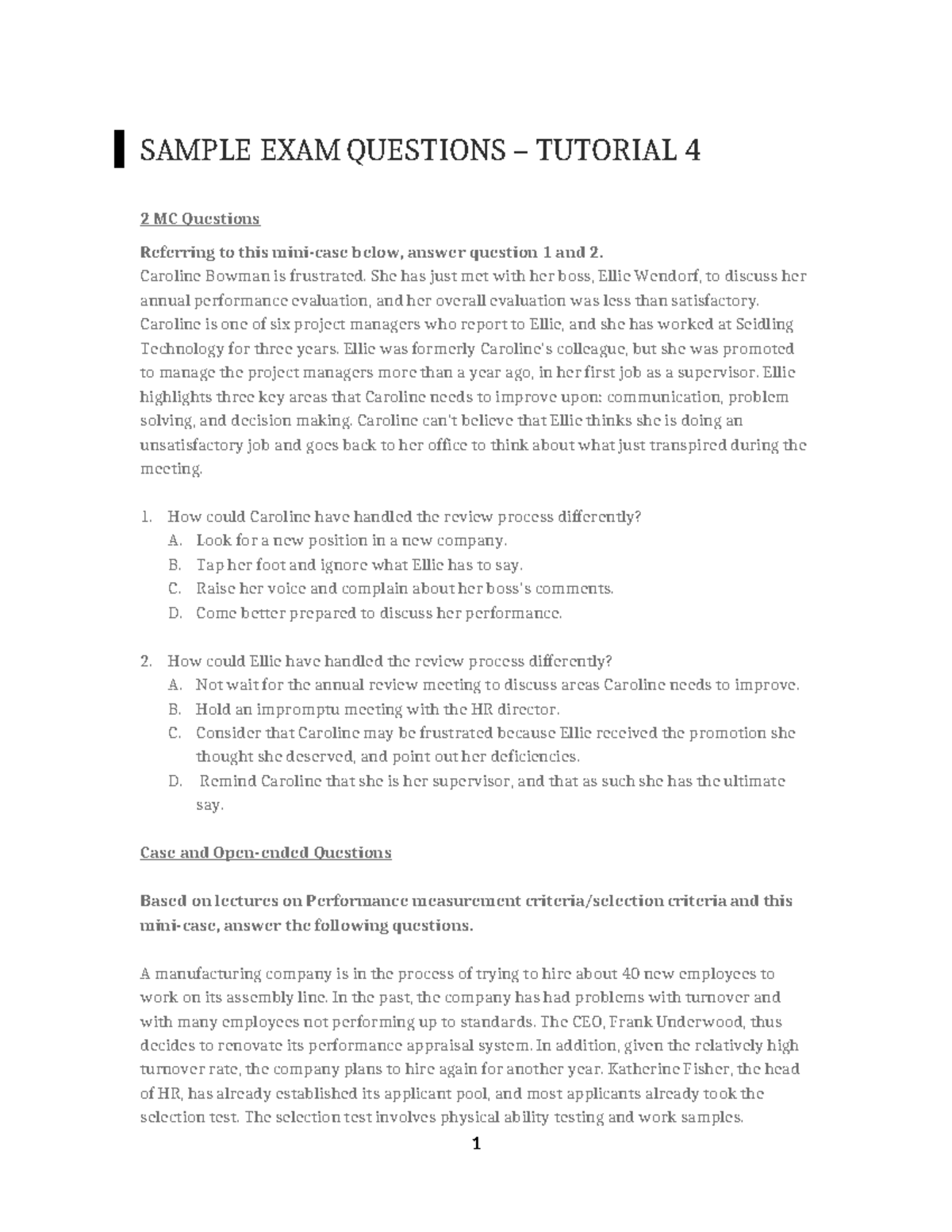 SAMPLE EXAM QUESTIONS FOR TUTORIAL 4: PERFORMANCE APPRAISAL CASE ...