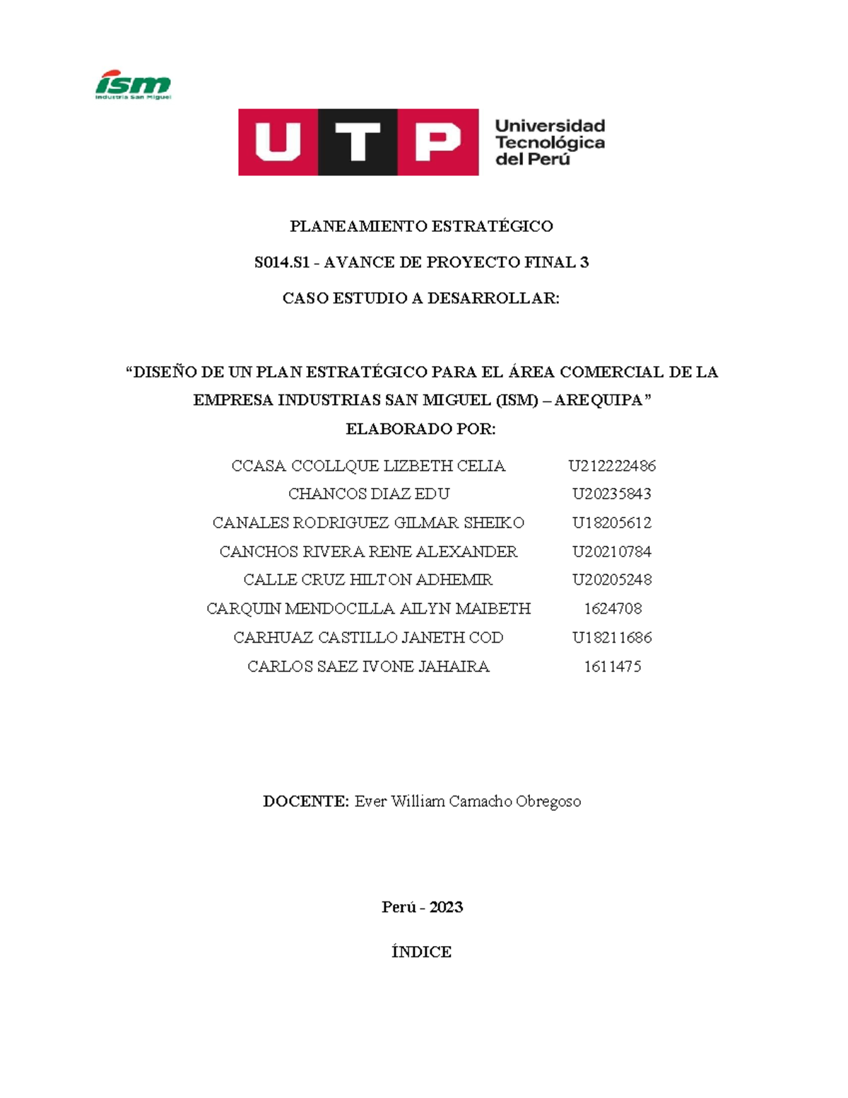 Planeamiento Estratégico: Trabajo Final S014 - ISM Arequipa - Document Preview