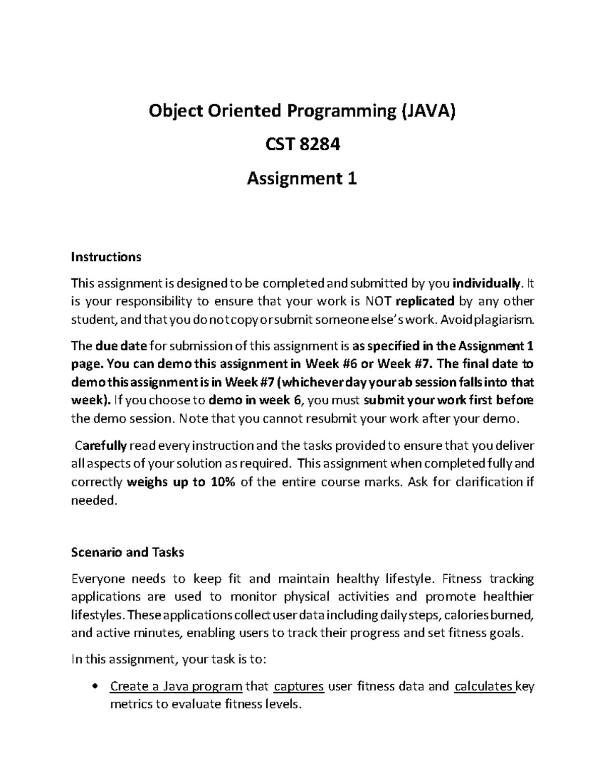 CST 8284 Assignment 1: Fitness Tracker Java Program Instructions - Studocu