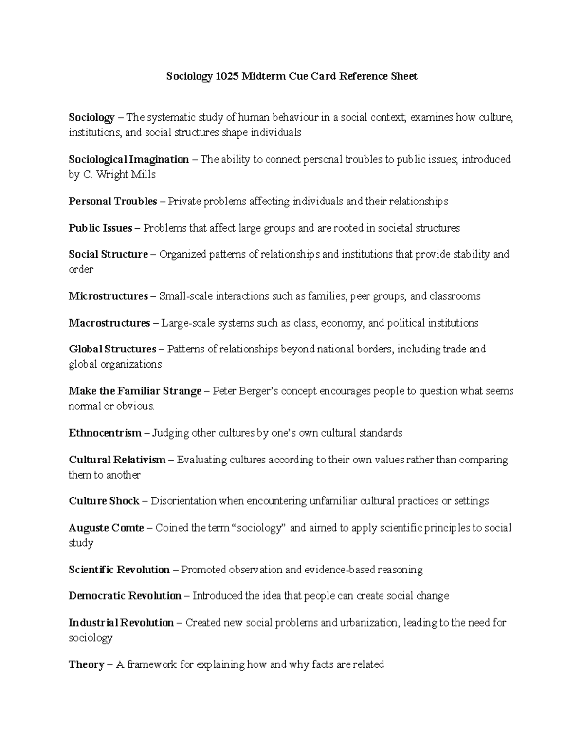 Sociology 1025 Midterm Study Guide: Key Concepts & Theories - Studocu